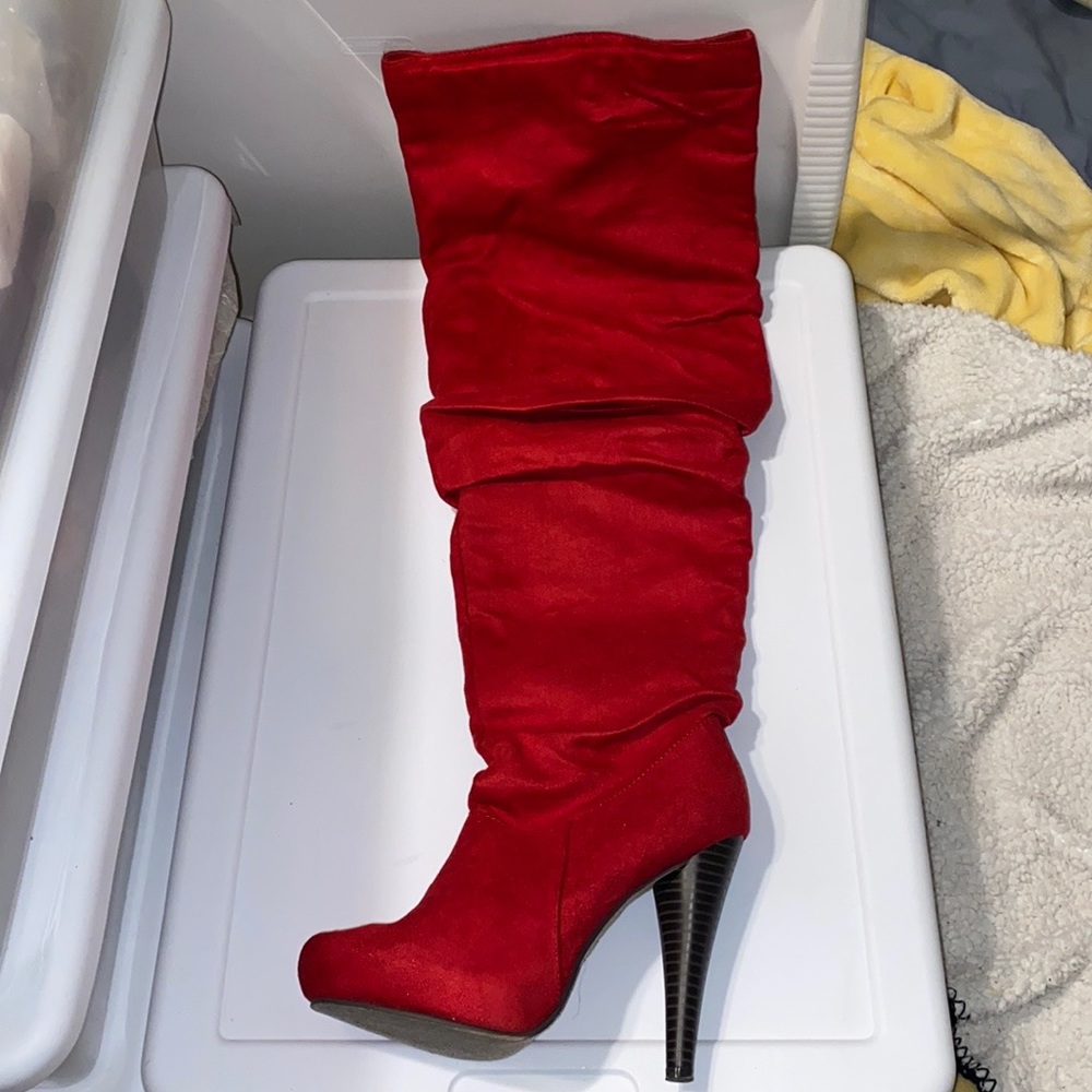 Red thigh high boots